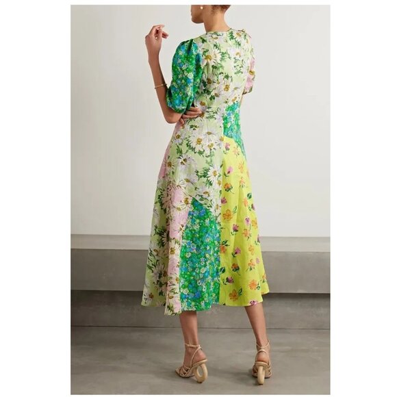 ALÉMAIS Kenzie Patchwork Printed Linen Midi Dress / Size 4 / Multi Floral - Picture 2 of 6